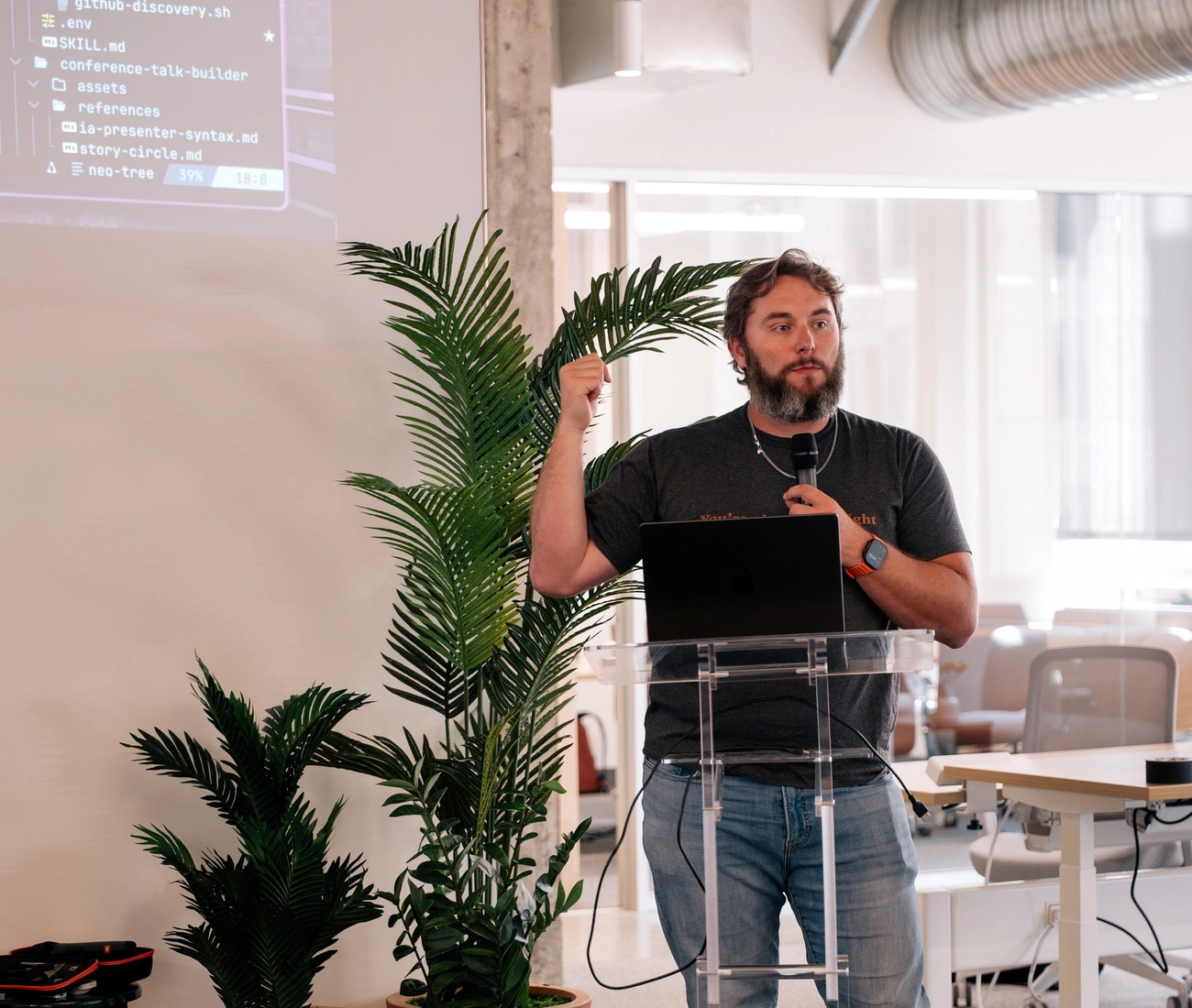 Nick Nisi presenting Claude Skills at a WorkOS company onsite in San Francisco