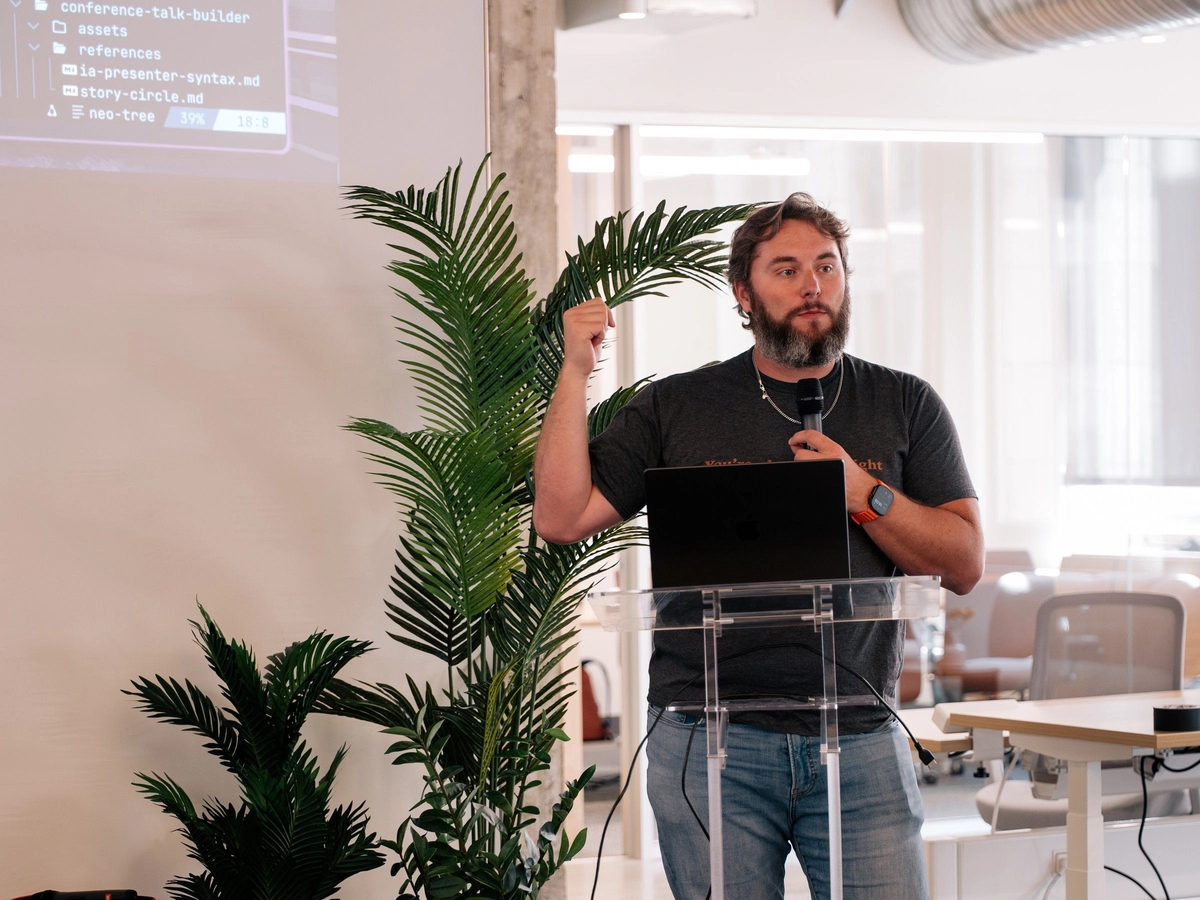 Nick Nisi presenting Claude Skills at a WorkOS company onsite in San Francisco