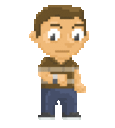 A pixel-art Nick waiting with his arms crossed, the animation the badge plays while waiting on Riker.